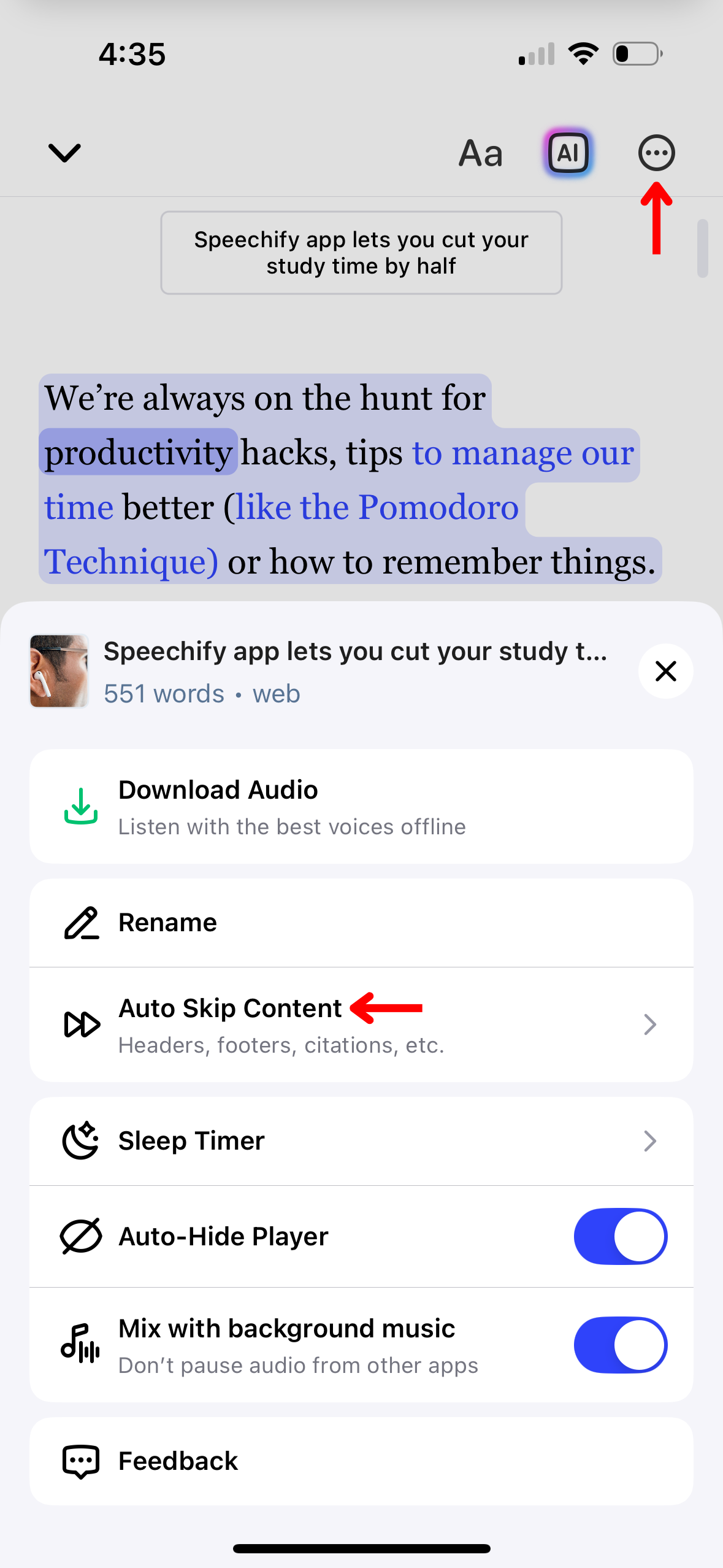 How to use Skip Content on the Speechify iOS App